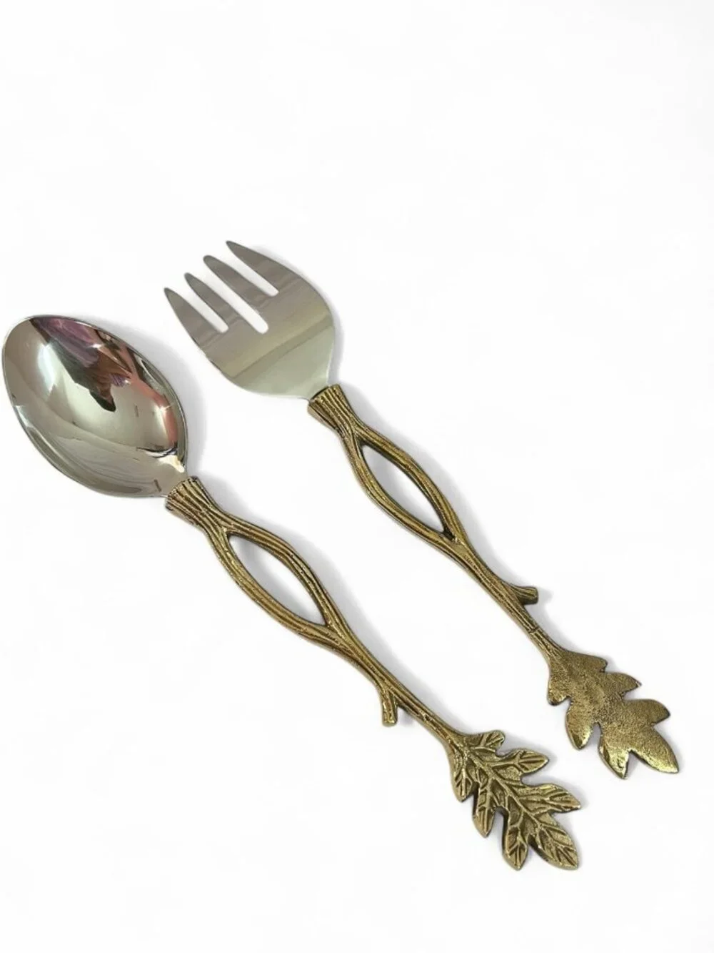 Elegant Gold Salad Serving Spoon & Fork Set - Stainless Steel, Leaf Handle